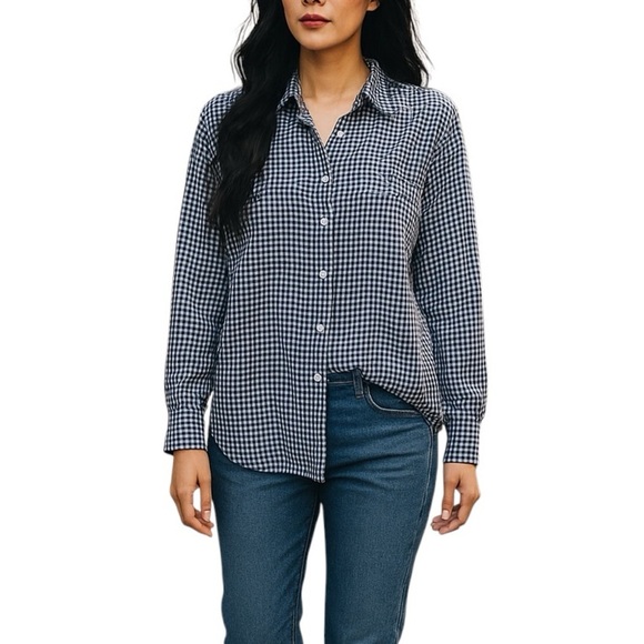 J.Crew Factory Boyfit Button Down Shirt sze L Blue Gingham Pre-Owned Excellent - Picture 1 of 15